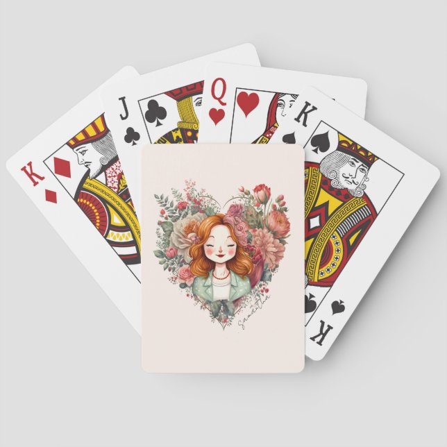 Personalized Floral Pretty Lady Poker Cards (Back)