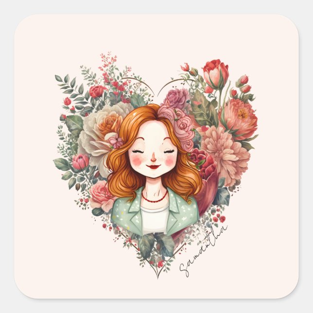 Personalized Floral Pretty Lady Square Sticker (Front)