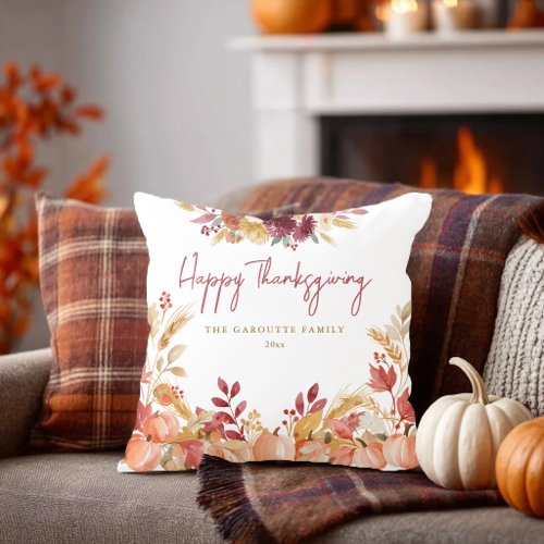 Personalized Floral Pumpkin Happy Thanksgiving Throw Pillow
