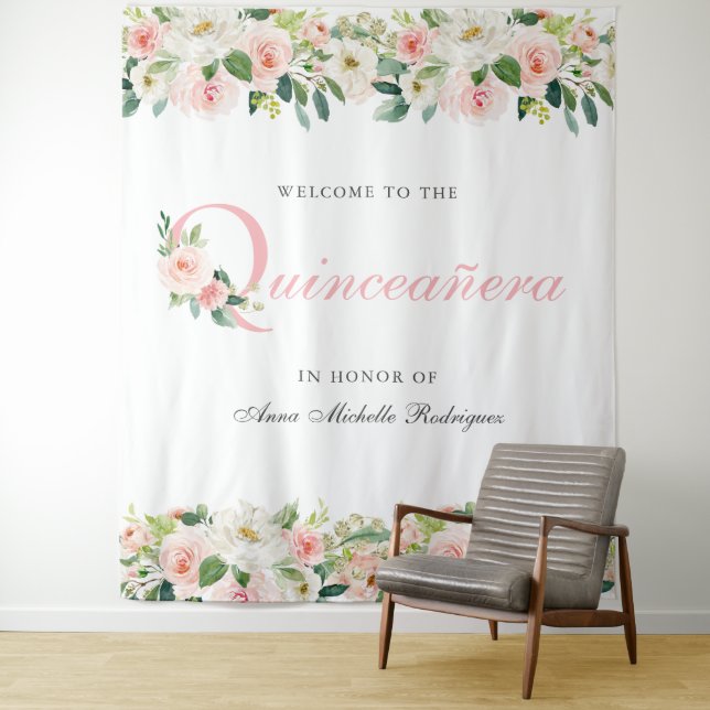 Personalized Floral Quinceanera Photo Backdrop (In Situ)