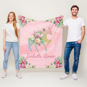 Personalized Floral Rainbow Glitter Unicorn Fleece Blanket