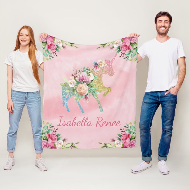 Personalized Floral Rainbow Glitter Unicorn Fleece Blanket (In Situ)