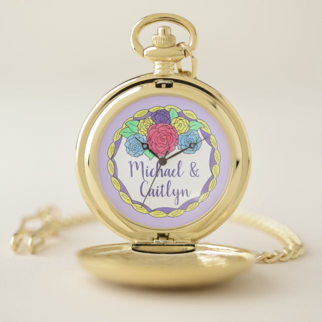 Personalized Floral Rose Wedding Cake Bride Groom Pocket Watch (Inside)