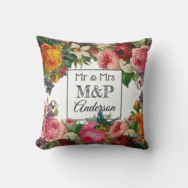 Personalized Floral Roses & Bird Wedding Pillow (Front)