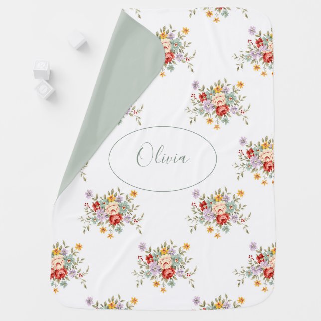 Personalized Floral Sage Green  Baby Blanket (In Situ)