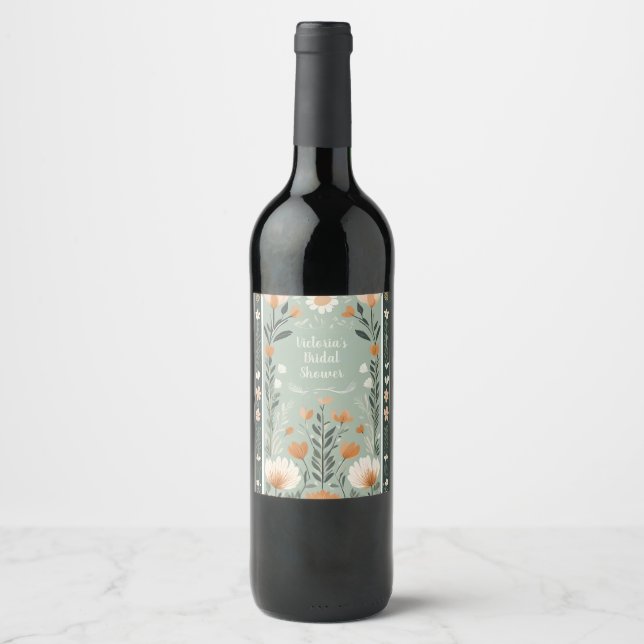 Personalized Floral Sage Green Botanical Art Print Wine Label (Front)