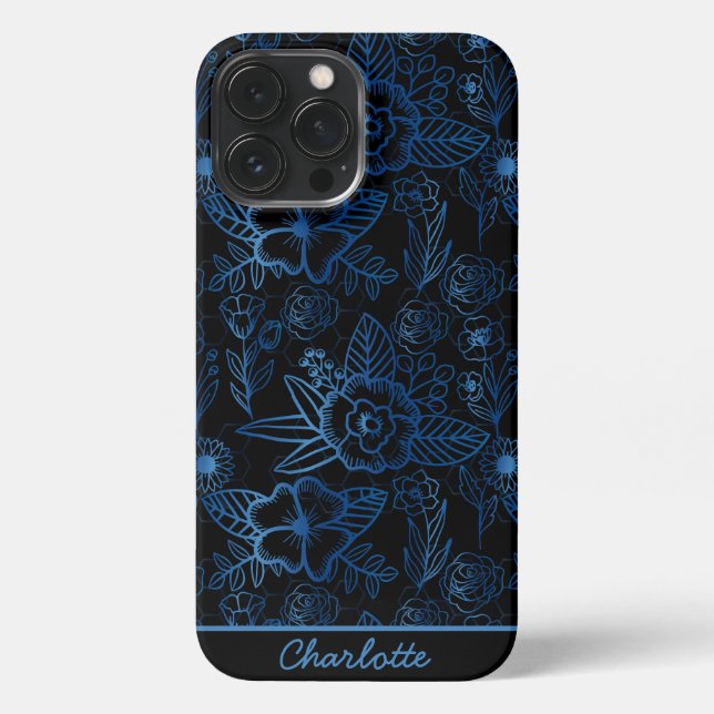 Personalized floral seamless pattern blue black  i iPhone case (Back)
