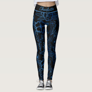 Personalized floral seamless pattern blue black leggings