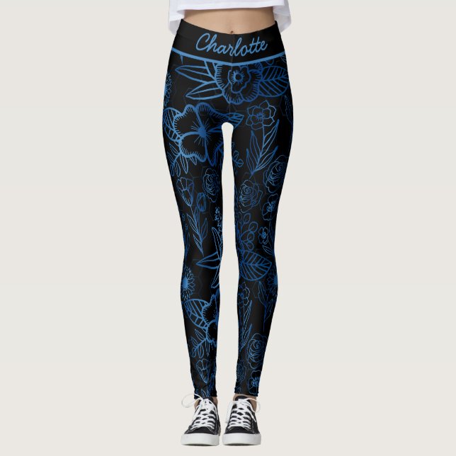 Personalized floral seamless pattern blue black leggings (Front)