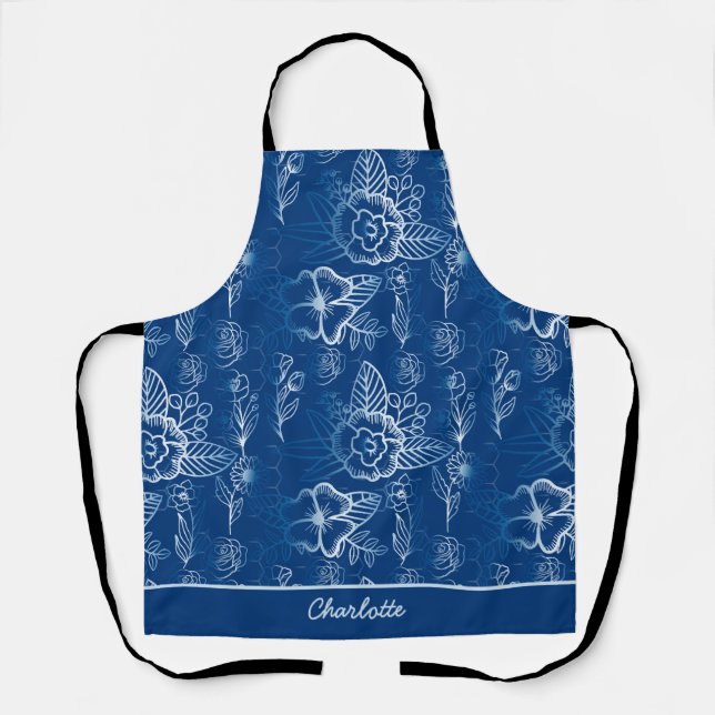 Personalized floral seamless pattern white - blue  apron (Front)