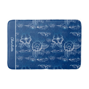 Personalized floral seamless pattern white - blue bath mat