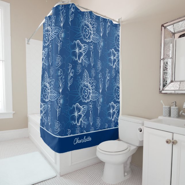 Personalized floral seamless pattern white - blue  shower curtain (In Situ)