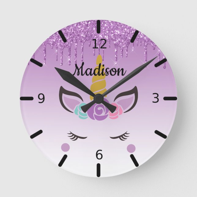 Personalized Floral Sleeping Unicorn Round Clock (Front)