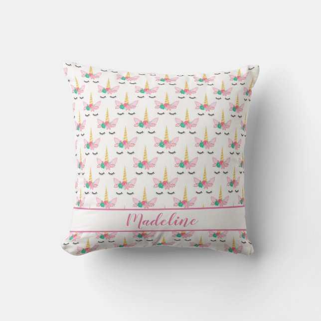 Personalized Floral Sleeping Unicorn Throw Pillow (Front)