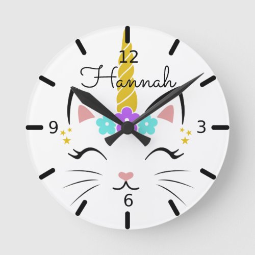 Personalized Floral Smiling Caticorn Round Clock