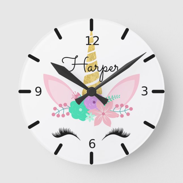Personalized Floral Smiling Unicorn Round Clock (Front)