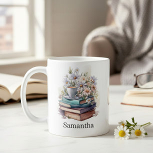 Personalized Floral Stacked Books Coffee Mug