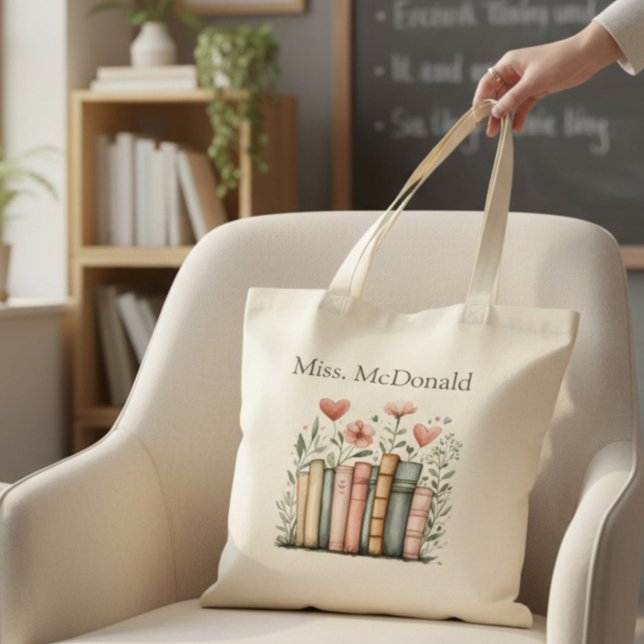 Personalized Floral Stacked Books Teacher Tote Bag (Creator Uploaded)