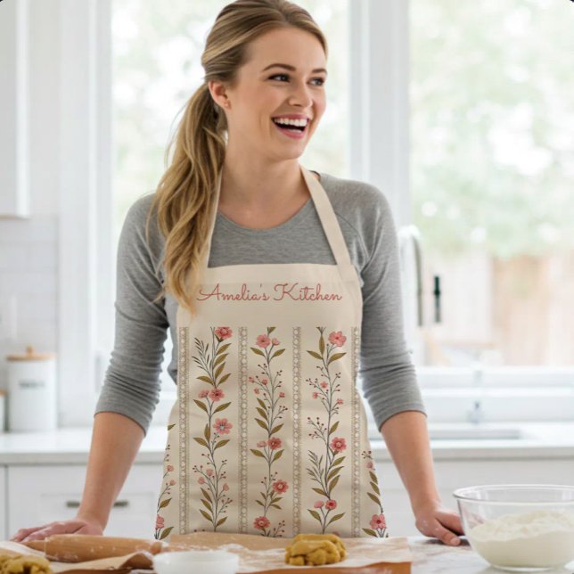 Personalized Floral Stripes Beige Pink Brown Apron (Creator Uploaded)