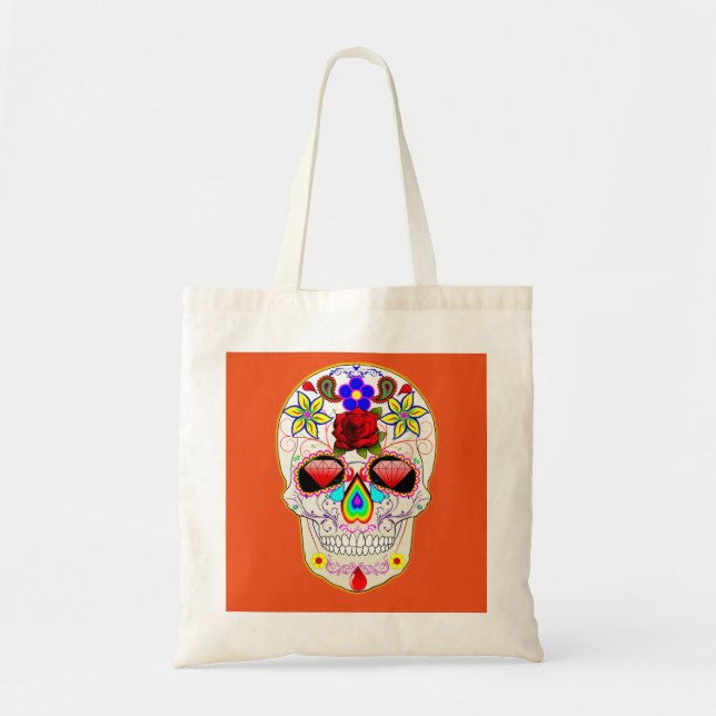 Personalized Floral Sugar Skull Halloween Tote Bag (Front)