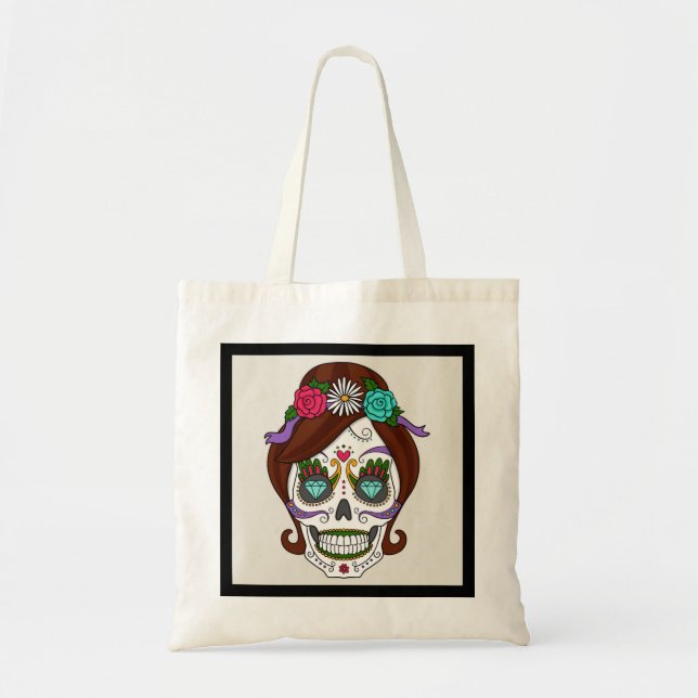 Personalized Floral Sugar Skull Tote Bag (Front)