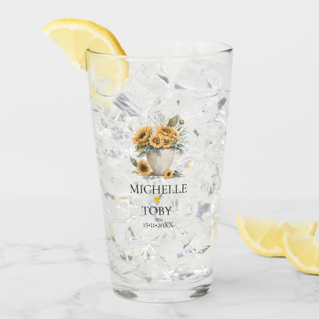 Personalized Floral Sunflower Newlyweds Wedding Glass (Front Ice)