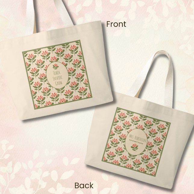 Personalized Floral Teacher Tote Bag • Custom Name (Personalized Floral Teacher Tote Bag • Custom Name & Grade • Teach Inspire Grow Gift for Teacher )