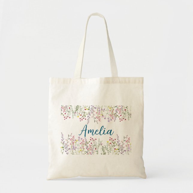Personalized Floral Tote Bag, Custom Birthday Gift (Front)