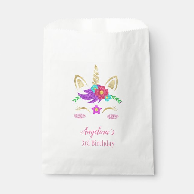 Personalized Floral Unicorn Birthday Favor Bag (Front)