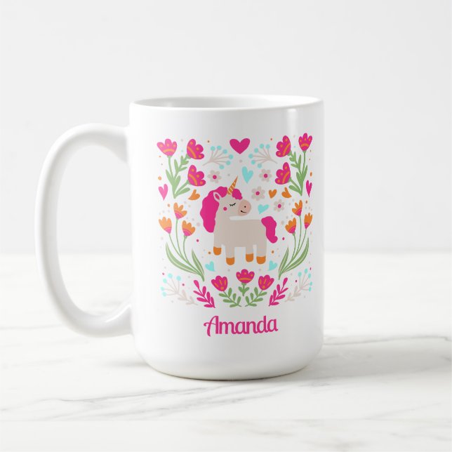 Personalized Floral Unicorn Coffee Mug (Left)