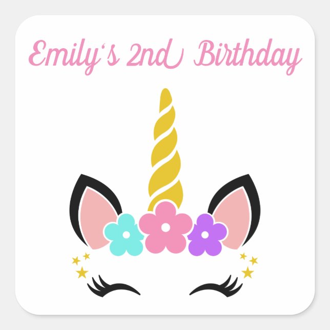 Personalized Floral Unicorn Square Sticker (Front)
