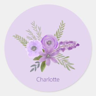 Personalized Floral Violet Lavender Watercolor Classic Round Sticker