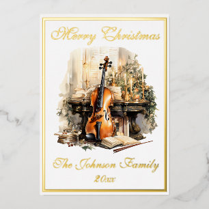 Personalized Floral Violin Foil Holiday Card