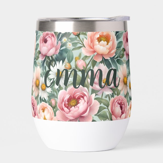 Personalized Floral Wallpaper Pattern Thermal Wine Tumbler (Left)