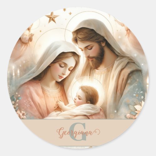 Personalized Floral Watercolor Baby Jesus Nativity Classic Round Sticker