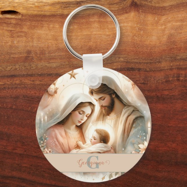 Personalized Floral Watercolor Baby Jesus Nativity Keychain (Front)