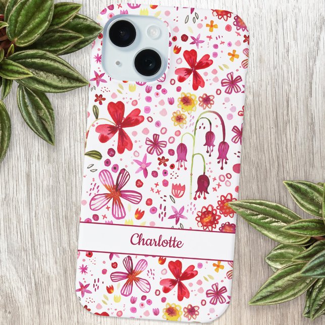 Personalized Floral Watercolor Case-Mate iPhone Case (Modern watercolor floral pink and white personalized name cell phone case)