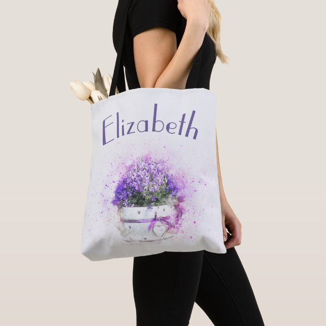 Personalized Floral Watercolor Purple Lilac Tote Bag (Close Up)