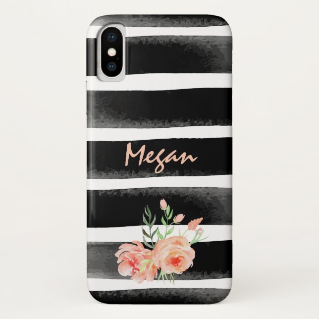 Personalized Floral Watercolor Stripes Case-Mate iPhone Case (Back)