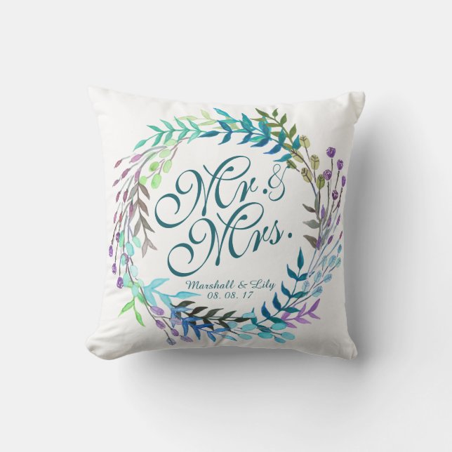 Personalized Floral Watercolor Wedding Pillow (Front)