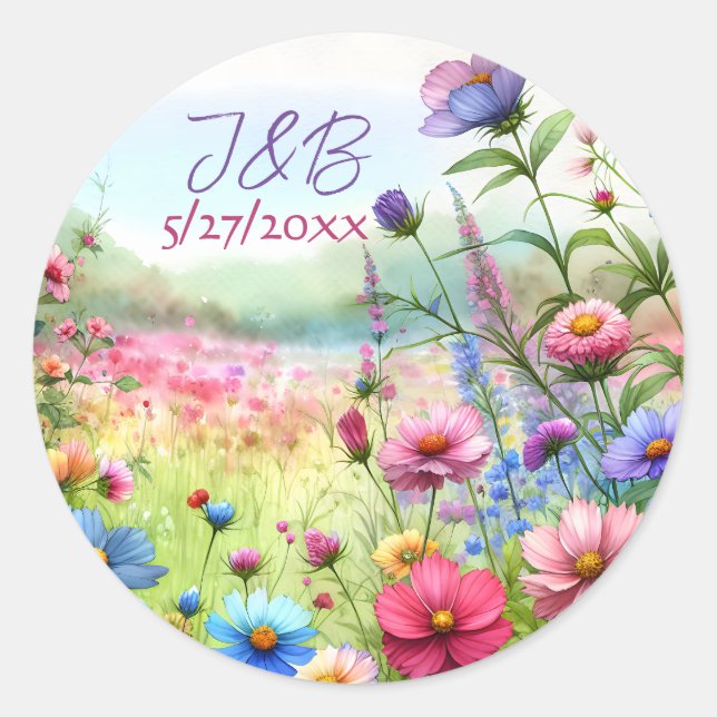 Personalized Floral Wedding  Classic Round Sticker (Front)