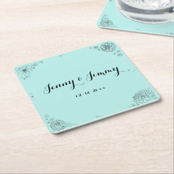 Personalized Floral Wedding Monogram Square Paper Coaster by TheSillyHippy at Zazzle