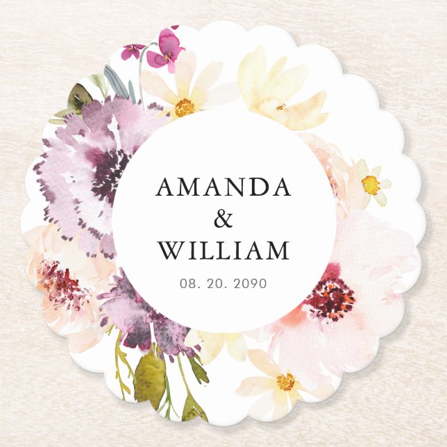 Personalized Floral Wedding Paper Coaster Favor (Front)