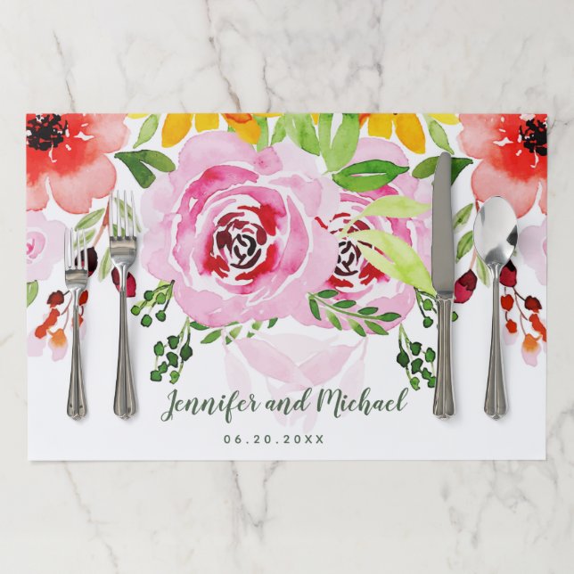 personalized floral wedding paper placemat (In Situ)