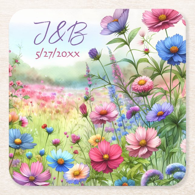 Personalized Floral Wedding Personalized Square Paper Coaster (Front)