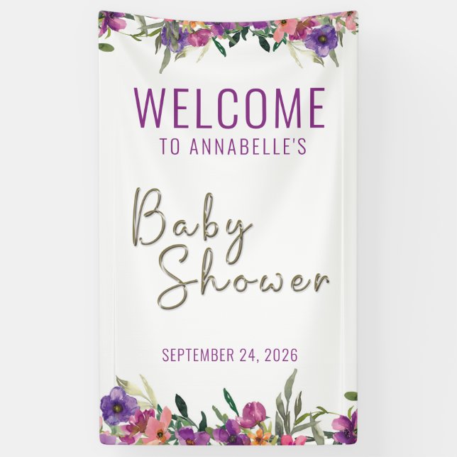 Personalized Floral Welcome Girl Baby Shower Banner (Vertical)