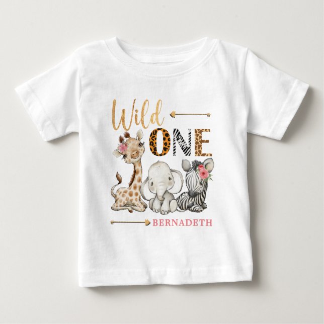Personalized Floral WILD ONE Safari First Birthday Baby T-Shirt (Front)