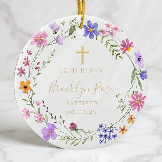 Personalized Floral Wildflower Baptism Photo Ceramic Ornament (Creator Uploaded)