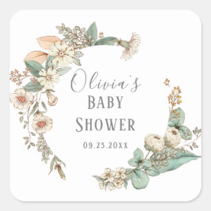 Personalized Floral Wreath Baby Shower Square Sticker