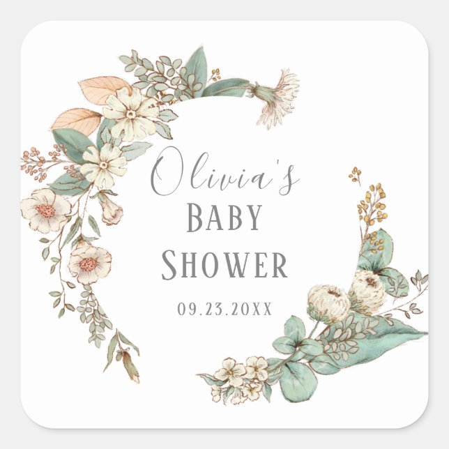 Personalized Floral Wreath Baby Shower Square Sticker (Front)